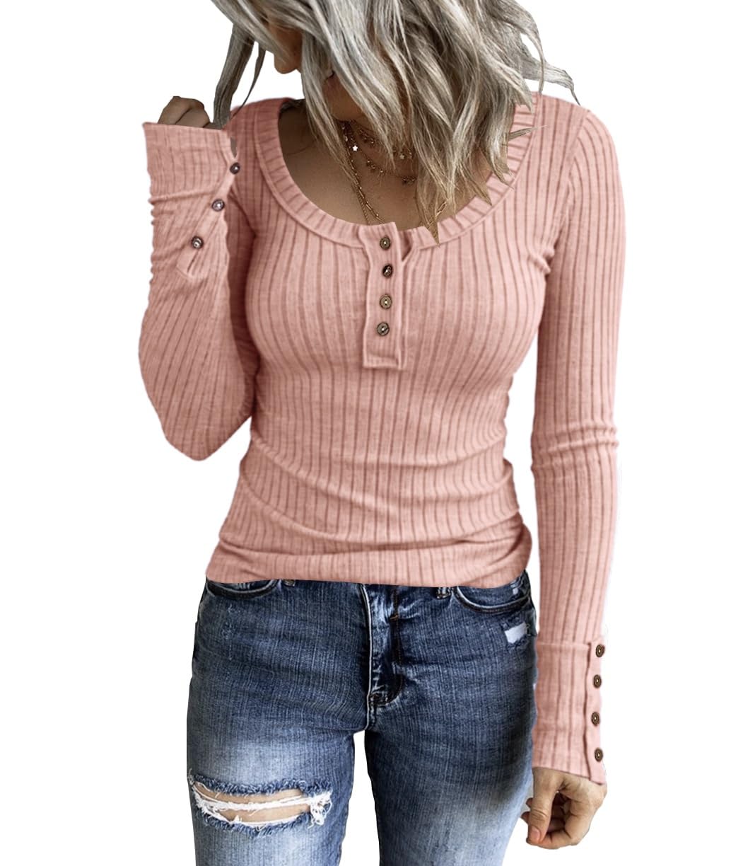 KINLONSAIR Women’s Long Sleeve Henley T Shirts Button Down Slim Fit Tops Scoop Neck Ribbed Knit Shirts