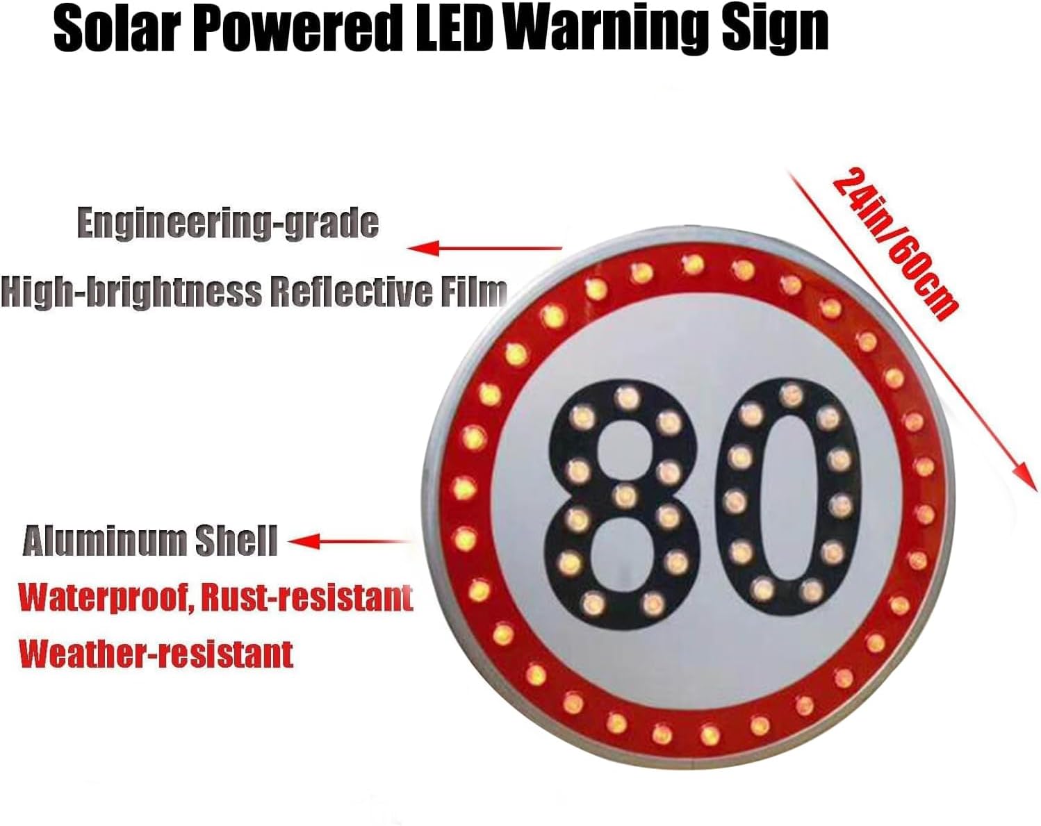 24" LED Flashing Solar Powered Speed Limit 20/30/40/50/60/80 Sign Sign in Traffic Road Highway (80)