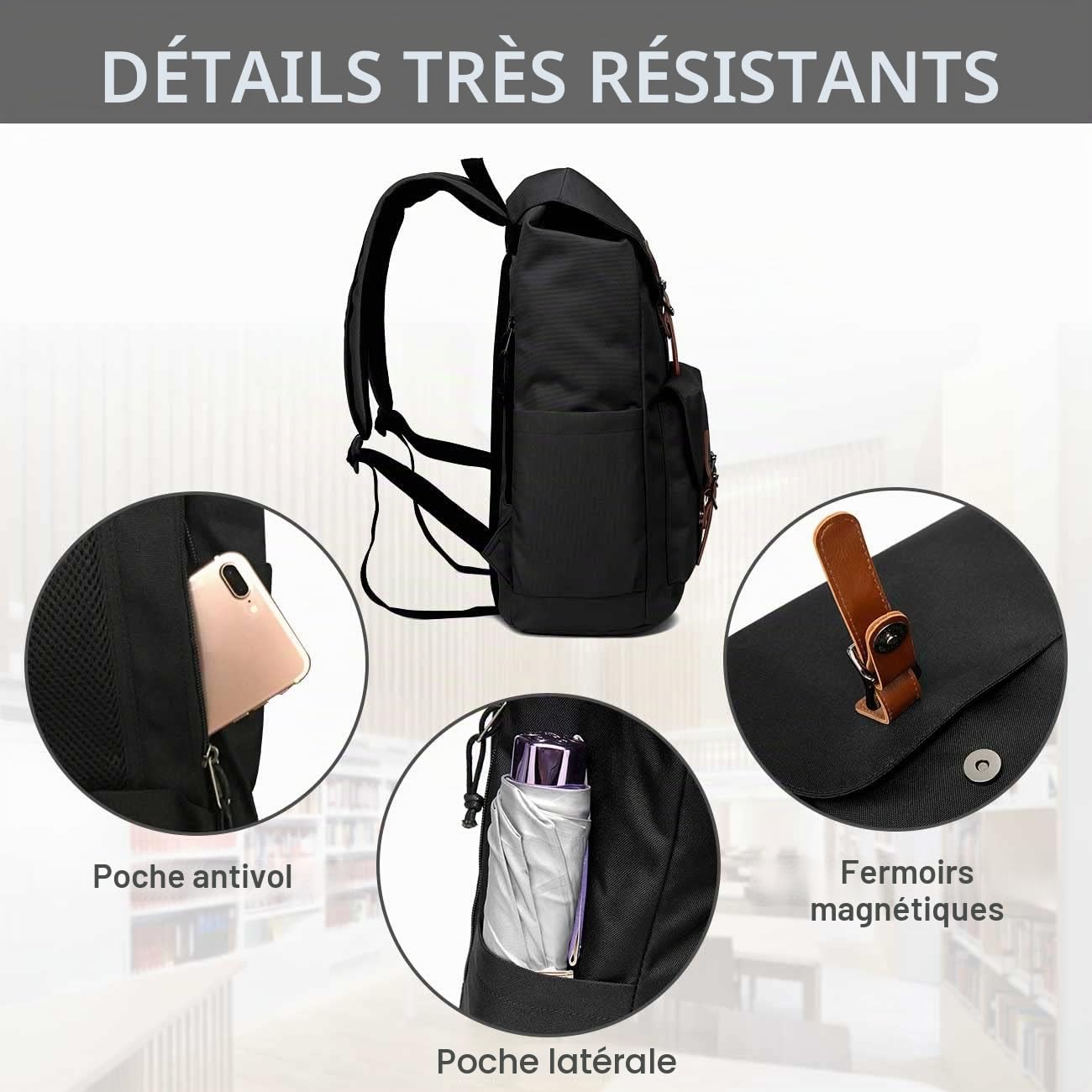 VASCHY Sac à dos pour ordinateur portable 15,6" unisexe 26,5 L, 0,85 kg, étanche, dos et bretelles rembourrés, poche arrière cachée, poches pour bouteille, travail et voyage