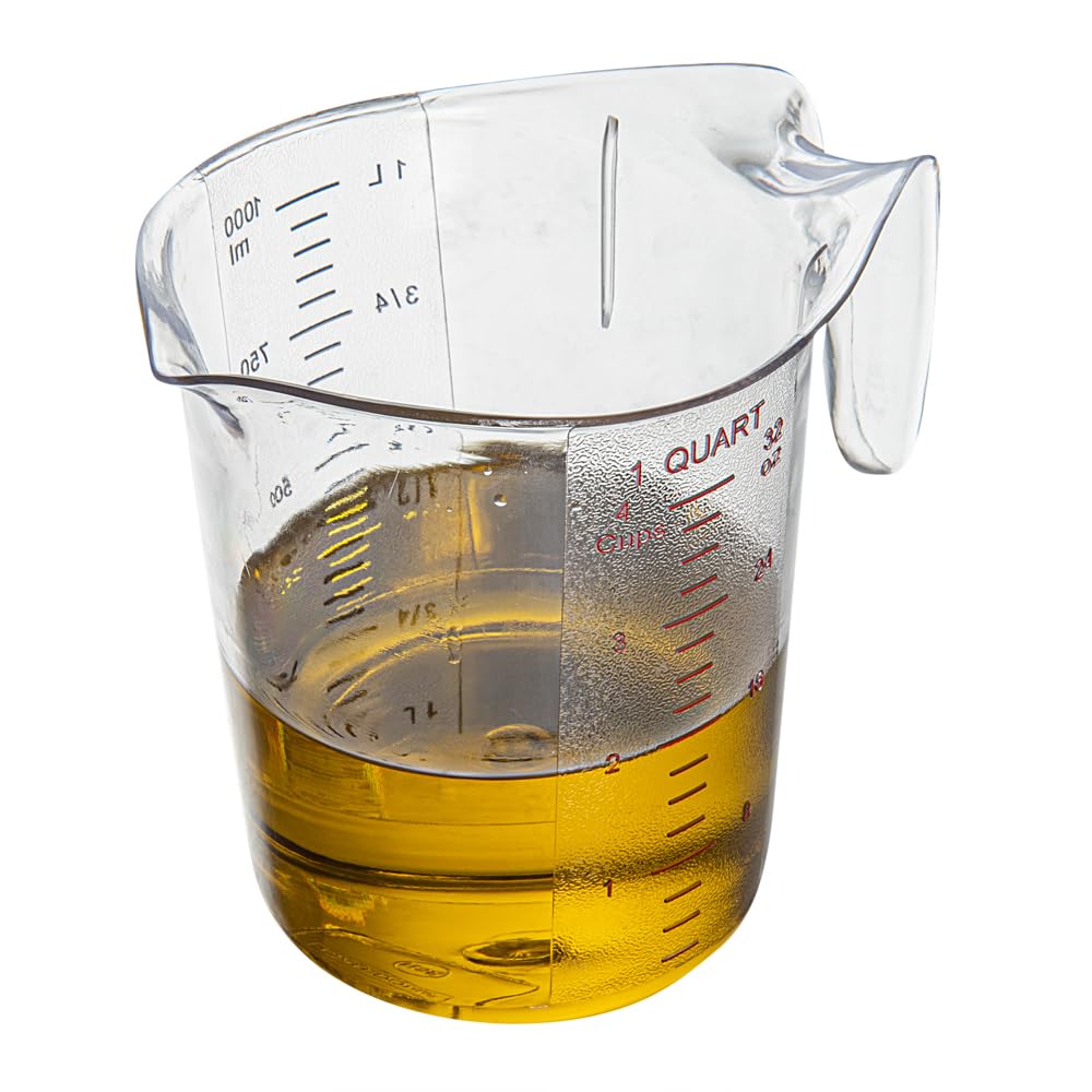 Restaurantware RW Base - Tarro medidor de 1 cuarto de galón, 1 vaso de medición duradero, unidades métricas e imperiales, boquilla en forma de V, mango de taza medidora de plástico transparente con