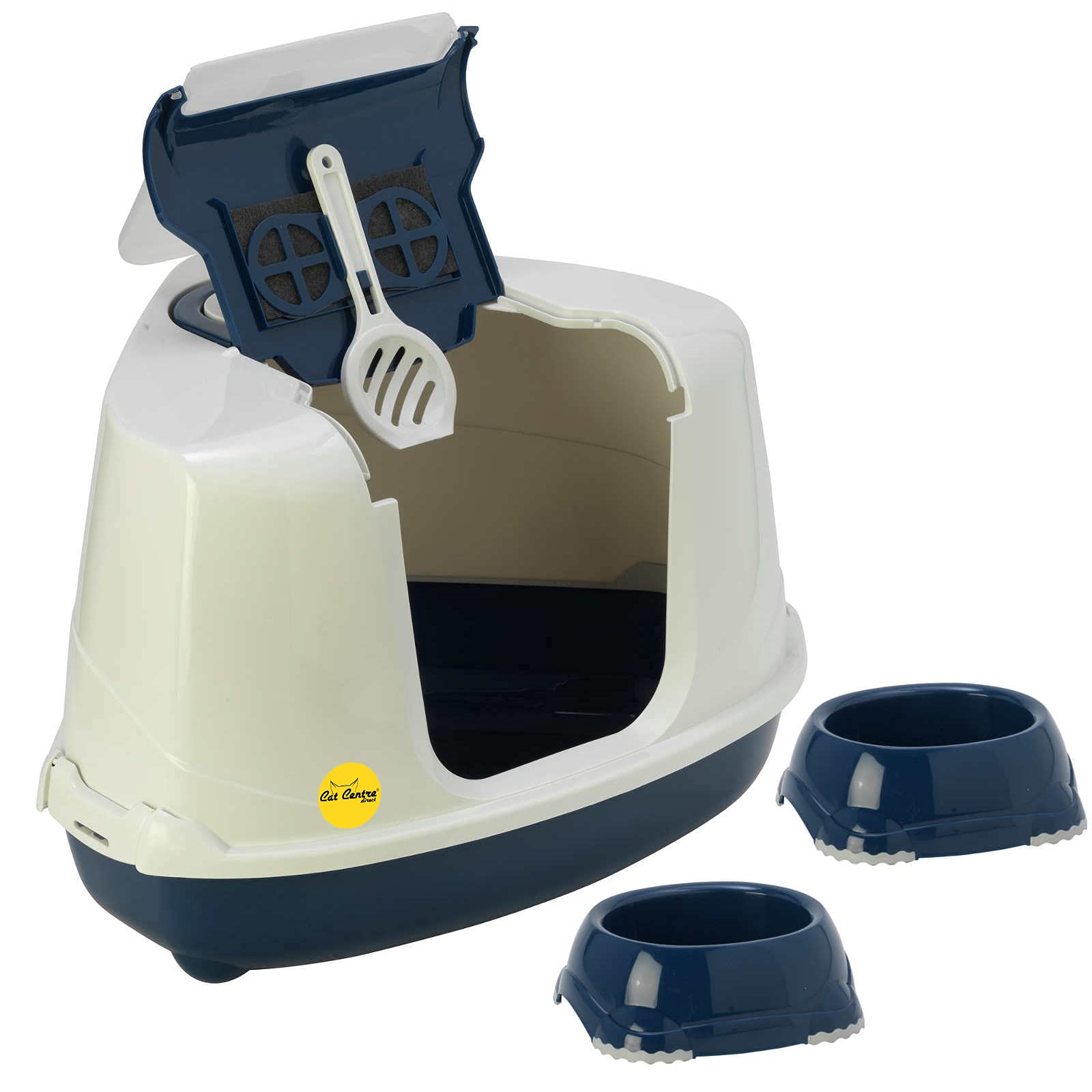CAT CENTRE Dark Blue Corner Cat Hooded Litter Tray + 2x0.3L Non Slip Bowls Toilet Loo Filter Scoop Pan