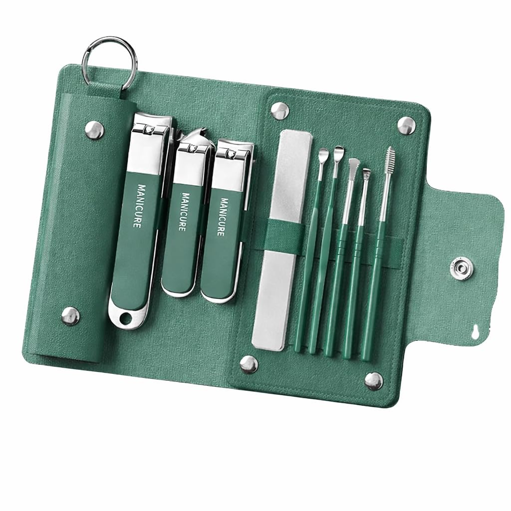 Fayleeko Nail Cutter Set Manicure Kit & Pedicure Kit | Stainless Steel Grooming Kit for Men & Women with Travel Case (10-in-1, Green)