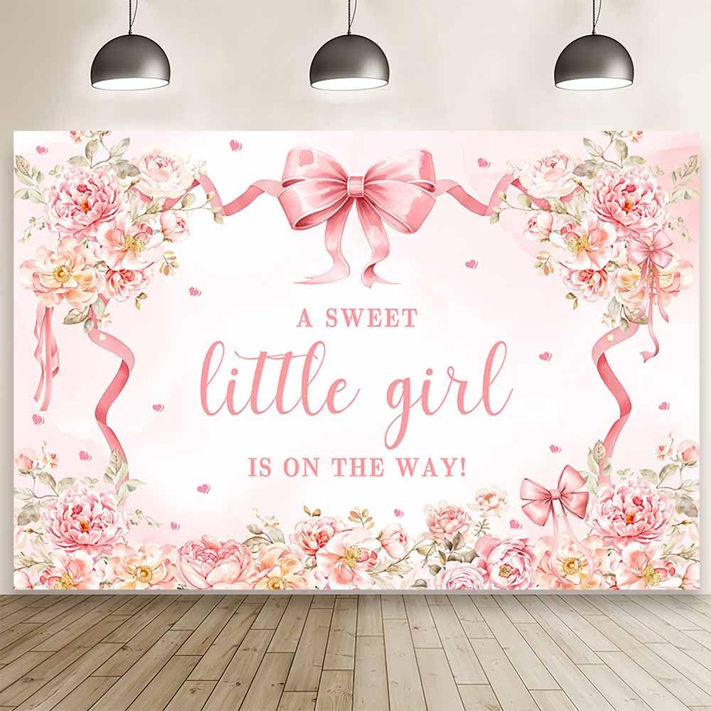 MEHOFOND 7x5 ft Pink Bow Girls Baby Shower Backdrop A Sweet Little Girl is on The Way Photography Background Pink Floral Baby Shower Decor Hearts It's
