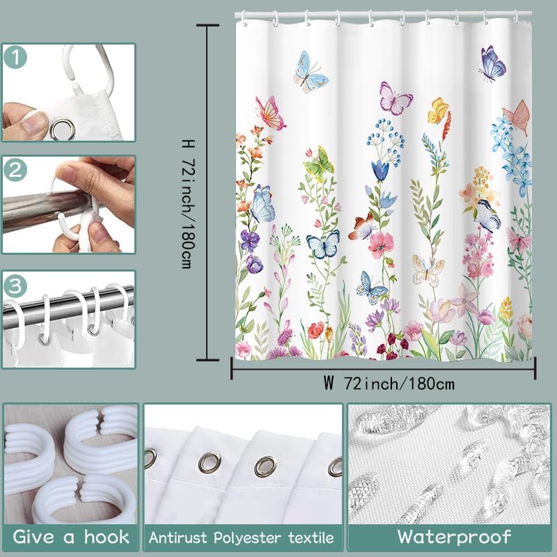 Miniatura 3 de Cortina de ducha de baño, juego de cortinas florales de acuarela moderna retro, cortina de baño suave de tela de poliéster con 12 ganchos, 1 cuerda,