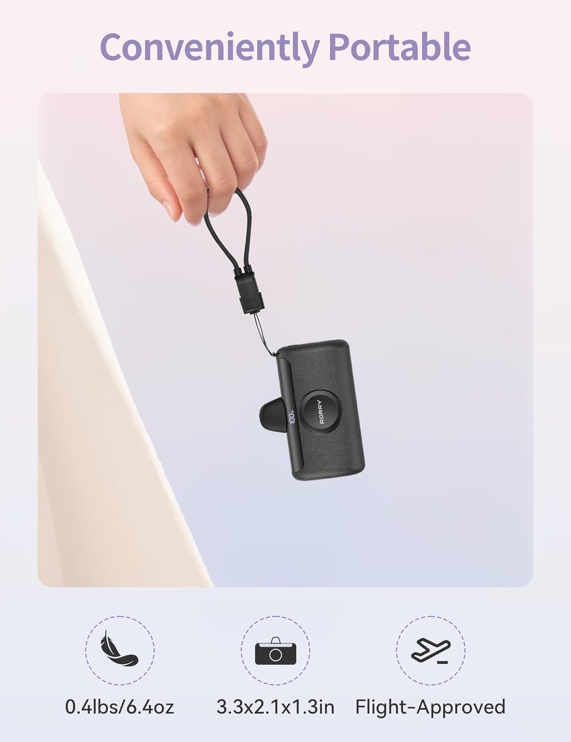 RORRY PalmGo Portable Charger, 10000mAh PD 22.5W Fast Charging Mini Power Bank with Built-in USB C Connector, 3-in-1 Battery Pack for iPhone 17/16/15 Pro/Max, Apple Watch Ultra/11/10/SE, iPad, Black - Image 7