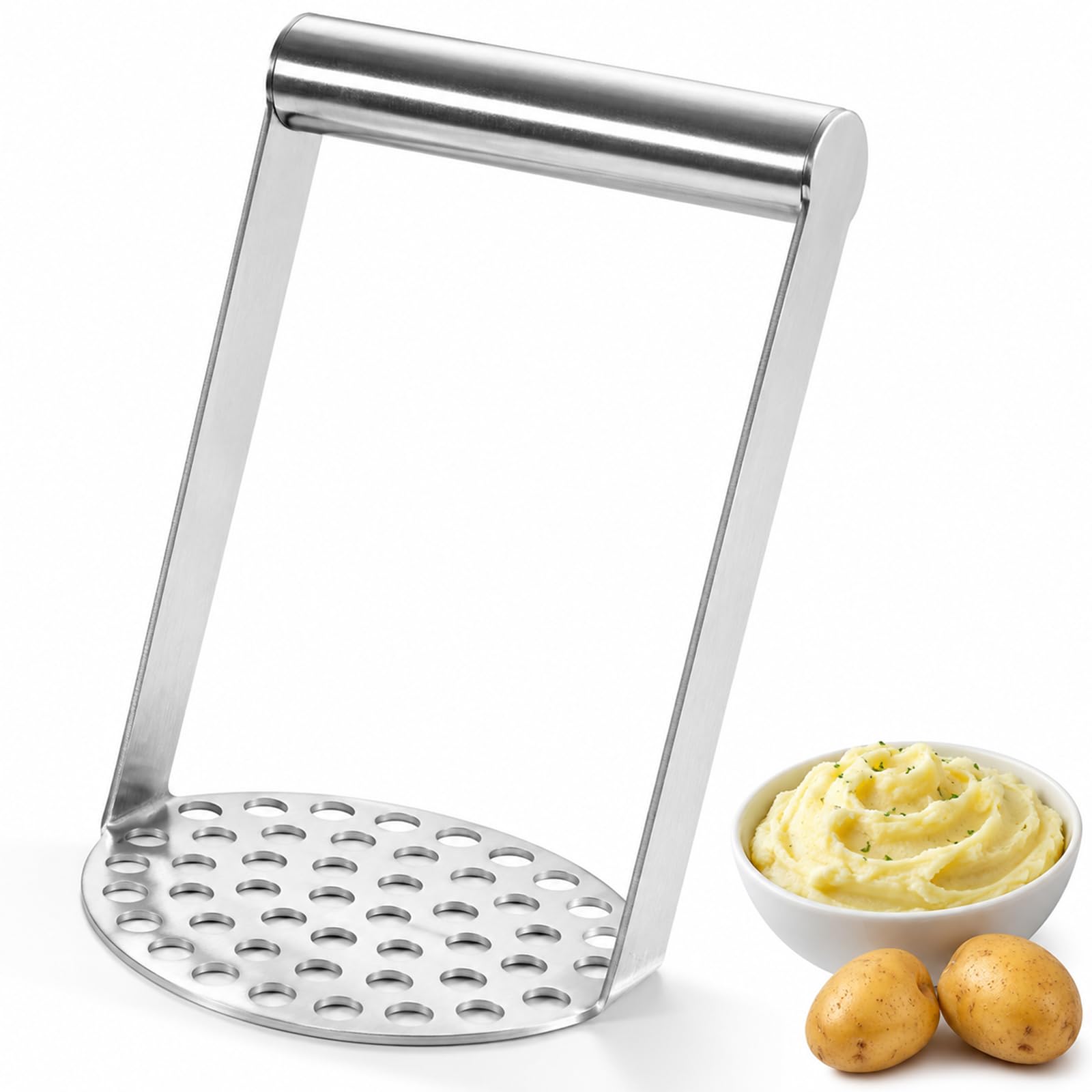 All Metal Food Grade Stainless Steel Potato Masher, Heavy Duty Manual Mashing Tool for Potatoes, Vegetables & Fruits, Durable Dishwasher Safe Kitchen Gadget