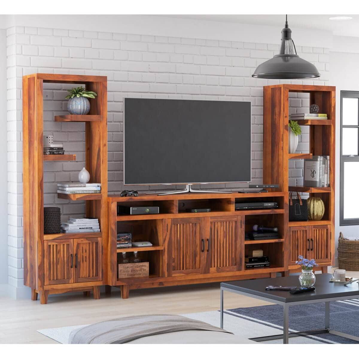 WoodMarwar Sheesham Wood Entertainment TV Unit & Set of 2 Book Shelf for Living Room | TV Cabinet with Two Open Display Decor Bookcase | TV Table with 2 Shelf & 2 Door Storage and Bookshelf, Honey