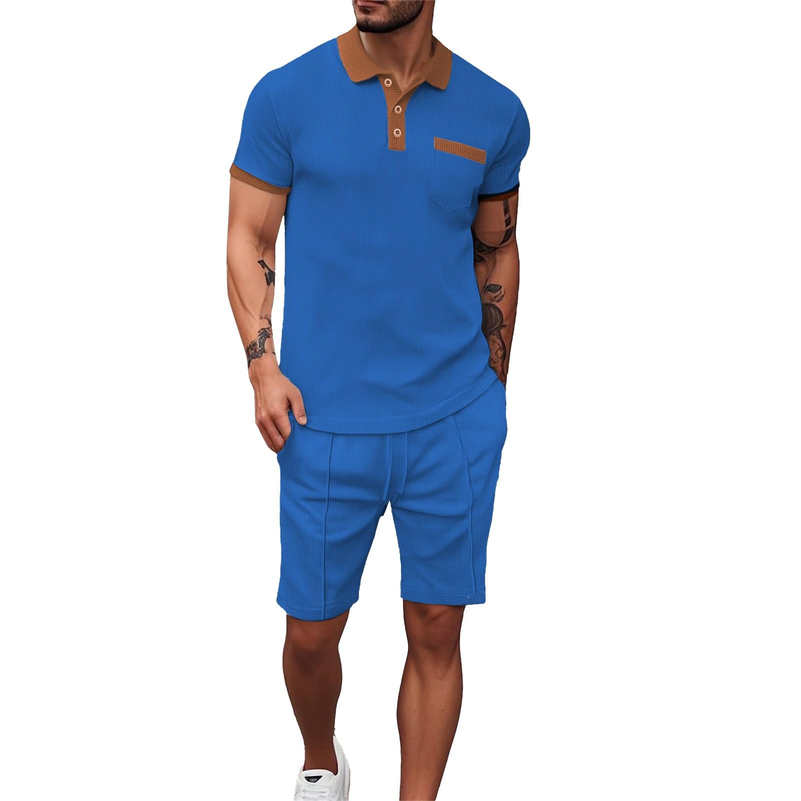 Tuta da uomo per il tempo libero, estiva, 2 pezzi, con colletto a maniche corte e pantaloni corti, tinta unita, elegante, per business, jogging, fitness, palestra