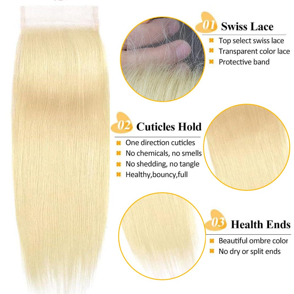 QTHAIR 18A #613 HD Lace Closure Russian Blonde #613 Human Hair Lace Frontal Closure 100% Platinum 613 Blonde Human Hair for Black Women (14", 613 4x4 Lace Closure, Honey Blonde Closure)