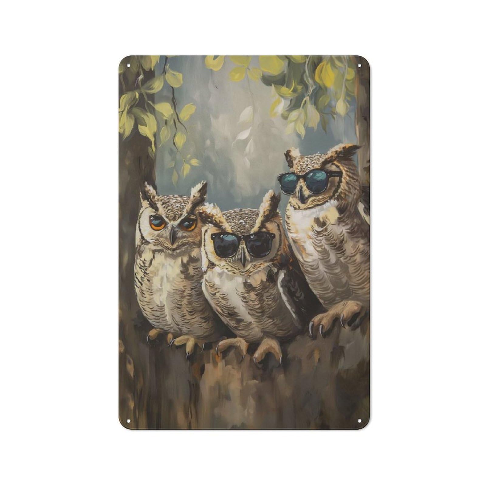 Modern Retro Metal Wall Art Sign 30x20cm Featuring Three Cool Sunglasses Owls, Urban Room Decor for Workspace, Cafe, Hallway Or Garage