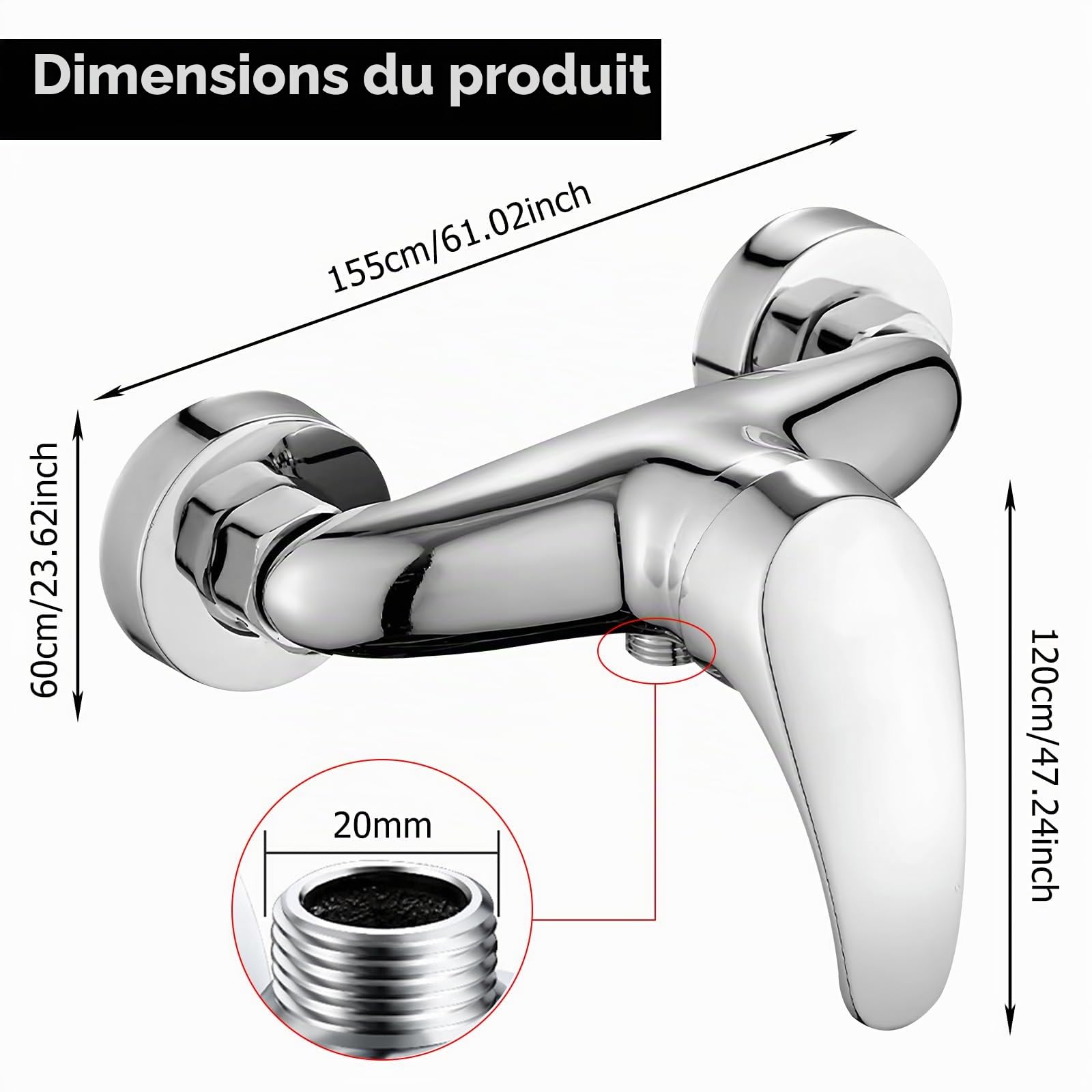 Robinet de douche : robinet de douche argenté salle de bain, mitigeur douche, montage mural, mitigeur de douche monocommande chromé avec buse G ½ pour montage mural