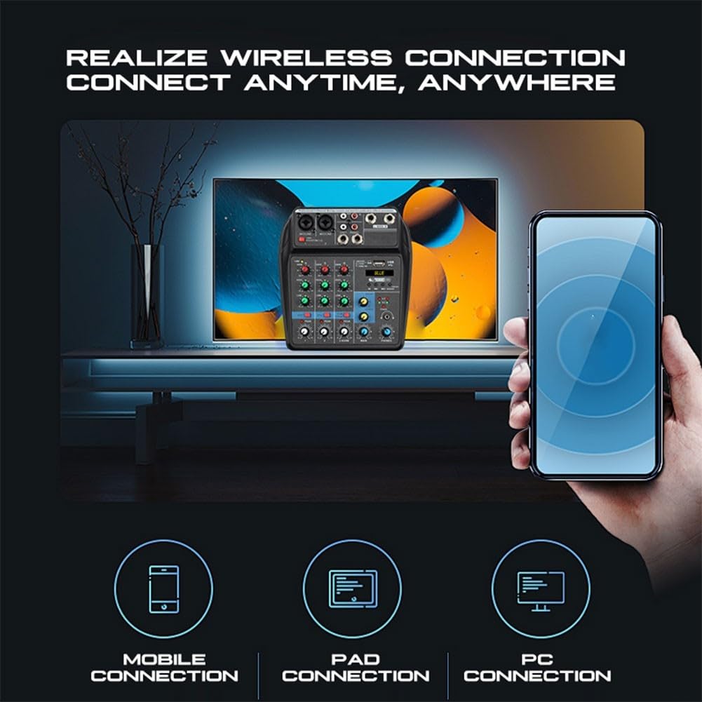 Table de mixage DJ 4 canaux avec streaming audio pour diverses sources audio, lecture multimédia USB et MP3, entrée stéréo, mixeur d'alimentation 48 V pour microphone à condensateur, carte son en