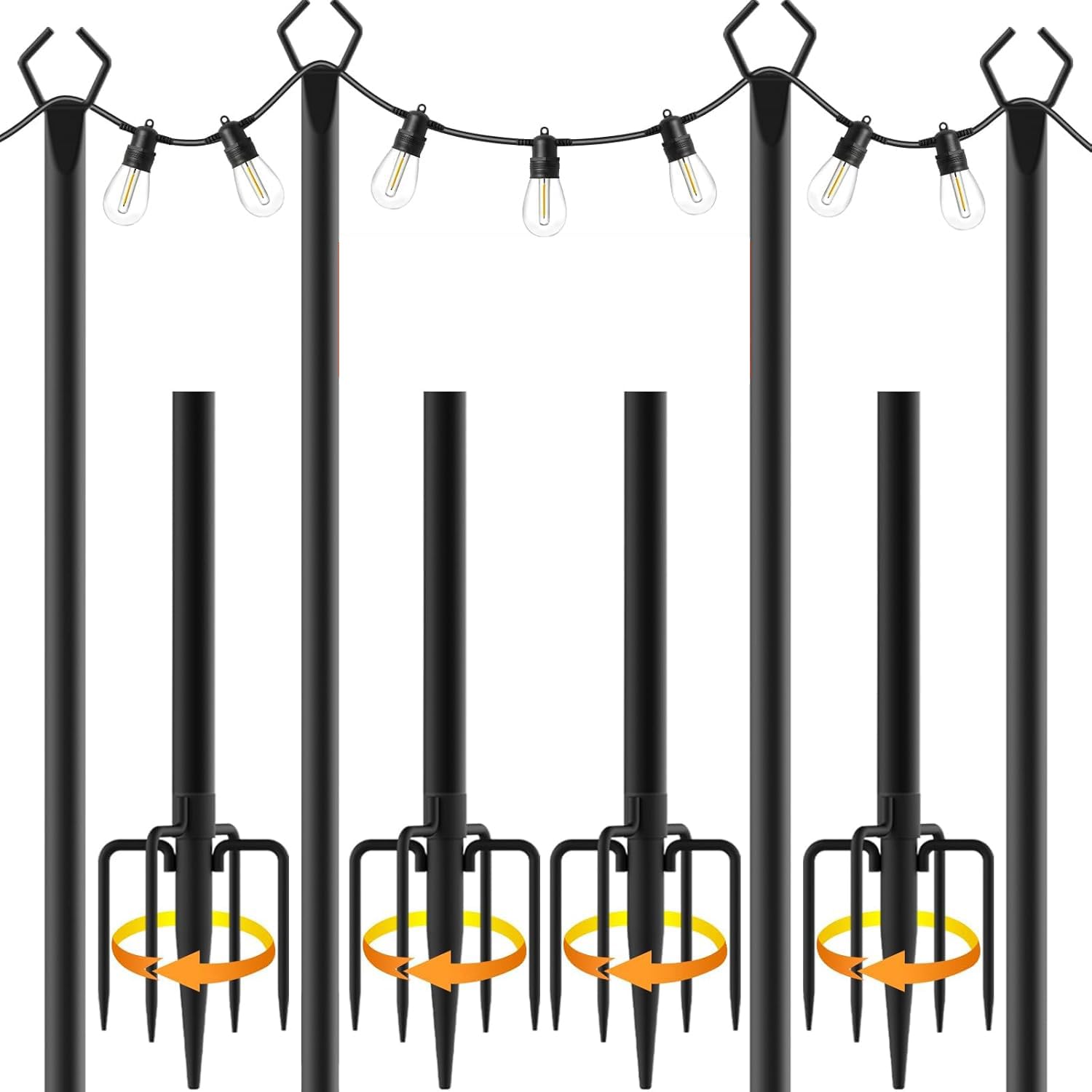 Confezione da 4 pali luminosi da 3 m, pali luminosi per luci esterne, con staffe per recinzioni, luci a sospensione, supporto in metallo, terrazza, cortile