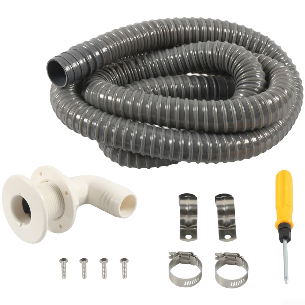 Boat Drain Outlet Kit 1-1/8 Inch ABS Plastic Bilge Sewage Outlet with Corrugated PVC Hose and Clamps for Yacht Plumbing(Grey)