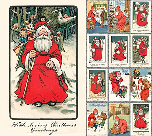 Image of PIXILUV RED CHRISTMAS (Pack of 12) Notecards Small Greeting Cards # Vintage Santa Claus in Bright Red Robes ~ Vintage Christmas Postcards Reprint