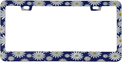 Marco de placa de matrícula con diseño de margaritas blancas brillantes en azul, bohemiofloral para automóvil estándar de EE. UU., 2 agujeros, acero