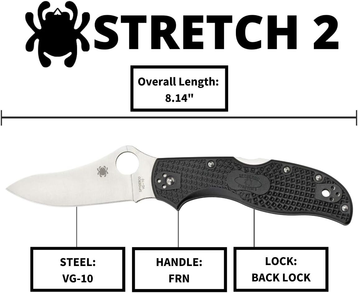 Spyderco Stretch 2 Signature Lightweight Hunting Knife with 3.43" VG-10 Stainless Steel Blade and Black FRN Handle - PlainEdge - C90PBK2