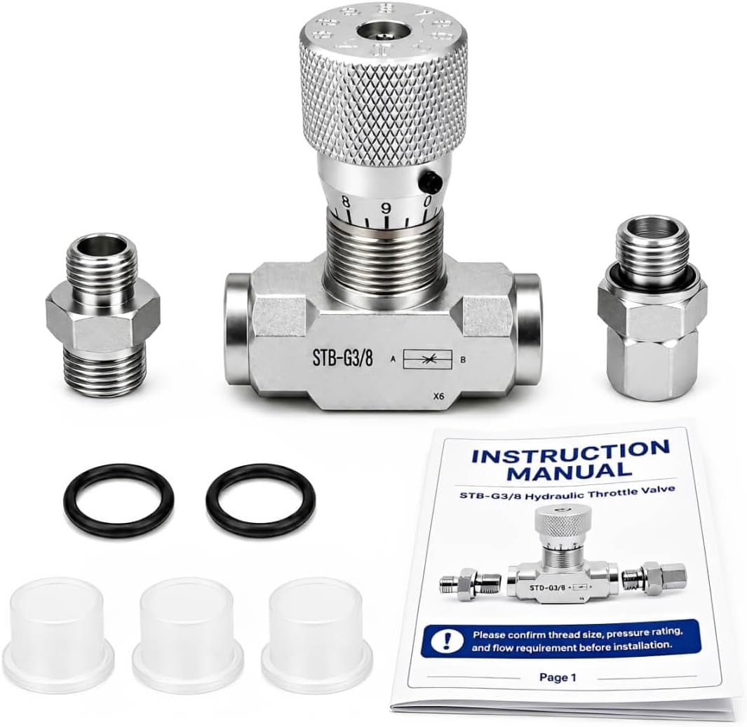 STB-G3/8 Hydraulic Flow Control Valve with L08 Metric Thread & M14 Fittings | Mini Excavator Flow Control Valve, CNC-Machined Speed Control Kit for Hydraulic Thumb, Grapple & Hydraulic Cylinde
