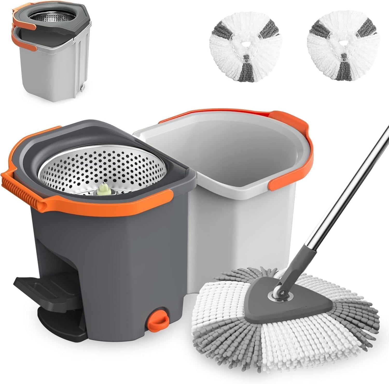 360 Degree Rotation Mop Set with Bucket, Floor Mop Complete Set with Adjustable Stainless Steel Handle & Foot Pedal, Foldable Cleaning Bucket with Super Water Absorbent Mat (Pedal White)