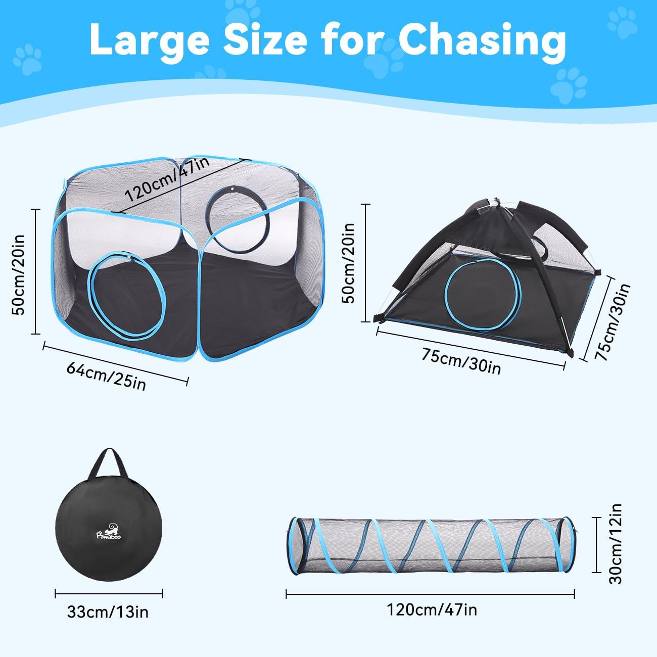 Pawaboo Tenda per Gatti con Tunnel, 3 in 1 Recinto per Gattis da Esterno con Tunnels, Recinzione per Animali Pieghevole e Portatile Box per Gatti, Include 1 Box+1 Tenda+1 Tunnel, Azzurro + Nero
