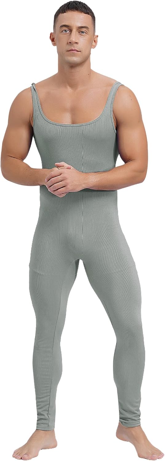 Mens Sleeveless Jumpsuits Unitard Long Pants One Piece Square Neck Sleeveless Stretchy Bodysuits