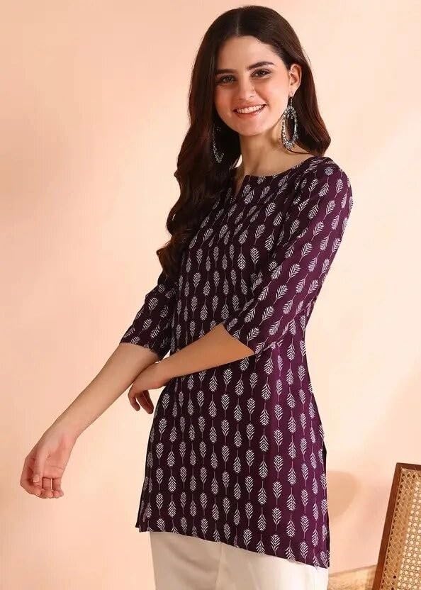 Image of Women's Short Kurti in Multicolor Rayon Cotton Blend | Ladies Ethnic Tunic | Office