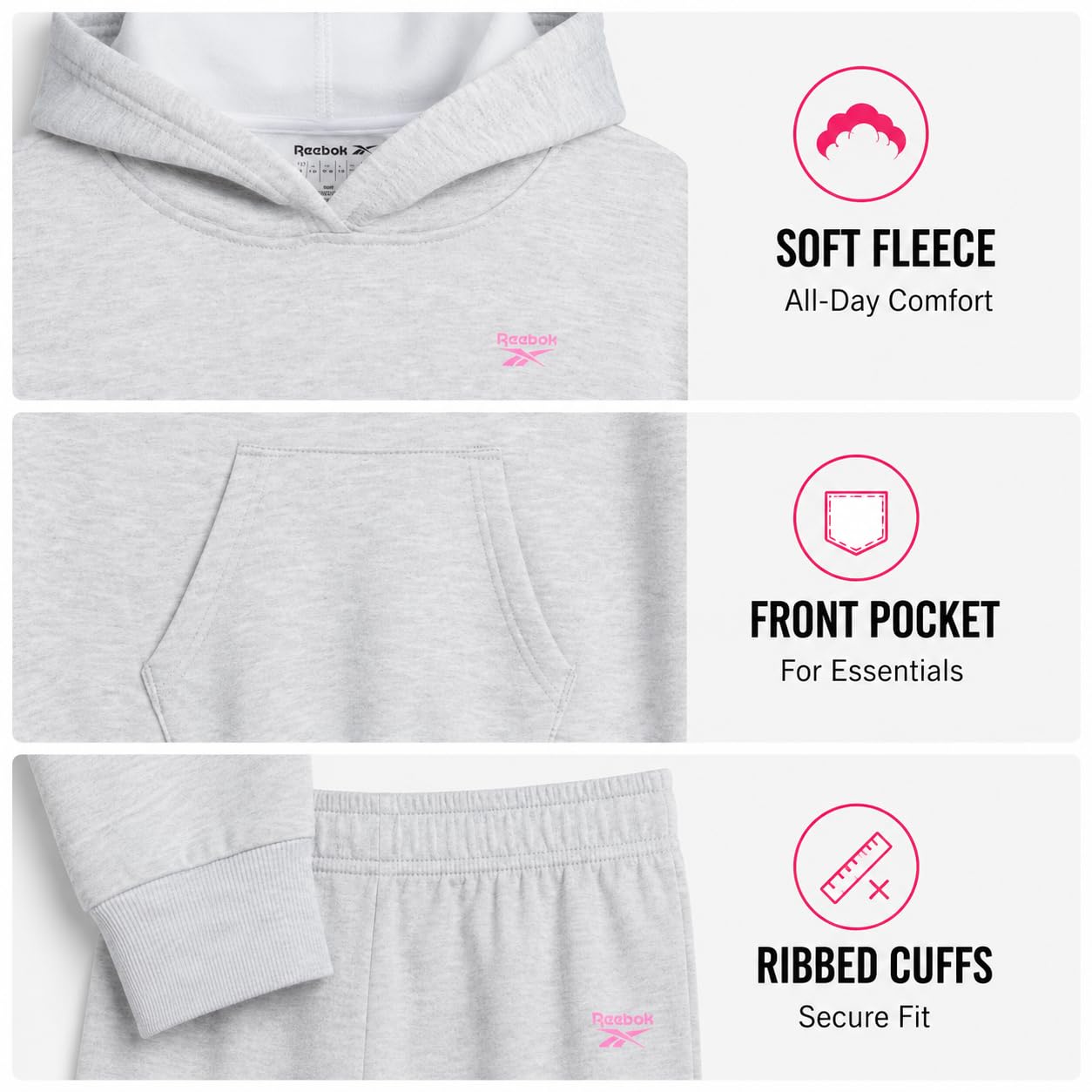 Reebok Tuta da ragazza, 2 pezzi, morbida felpa con cappuccio a maniche lunghe e pantaloni della tuta per ragazze, tuta sportiva