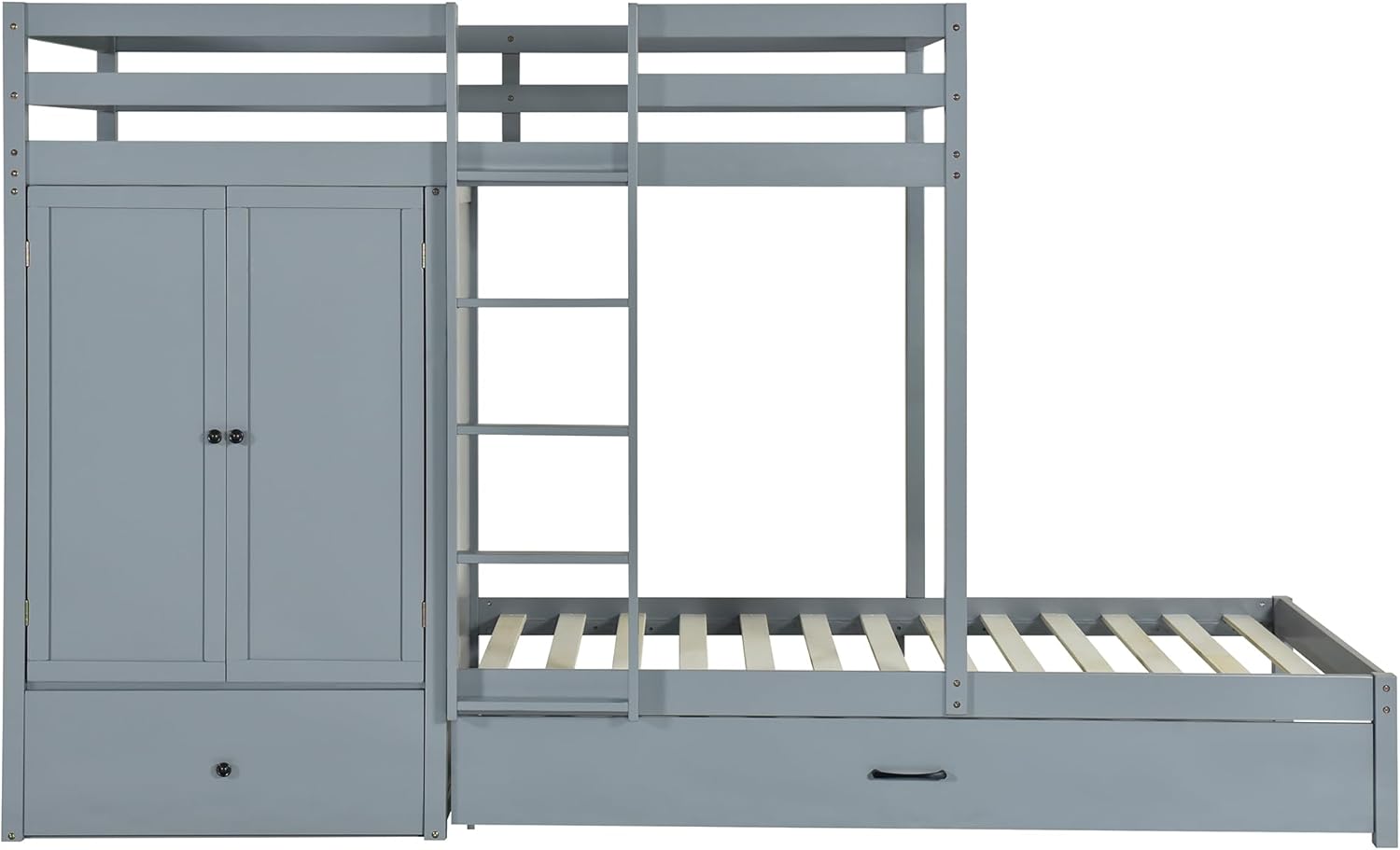 Harper & Bright Designs Twin Over Twin Bunk Bed with Wardrobe, Wooden Bunk Bed Frame with Drawers and Shelves, Gray