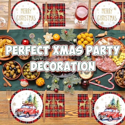Nitial 240 Pcs Christmas Paper Plates and Napkins Serve 30 Guests Christmas Party Supplies Disposable Xmas Tableware Set Plates Napkins Cups with Knife Fork Spoon(Red,Plaid Style) – Image 7