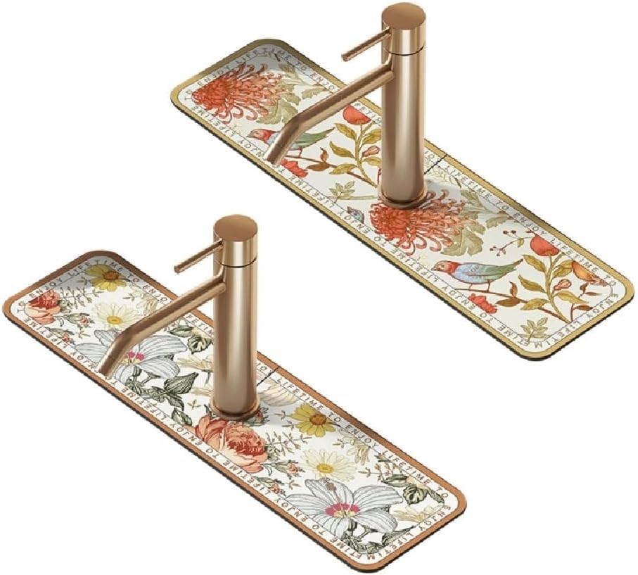 Rose Gold Faucet Draining Mat Self Absorbent Draining Mat For Kitchen Counter Vintage Floral Plates Dish Drying Mat Diatom Mud Faucet Non-Slip Drain Pad Sink Diatom Mud Absorbent Pad Dish Drying Mats