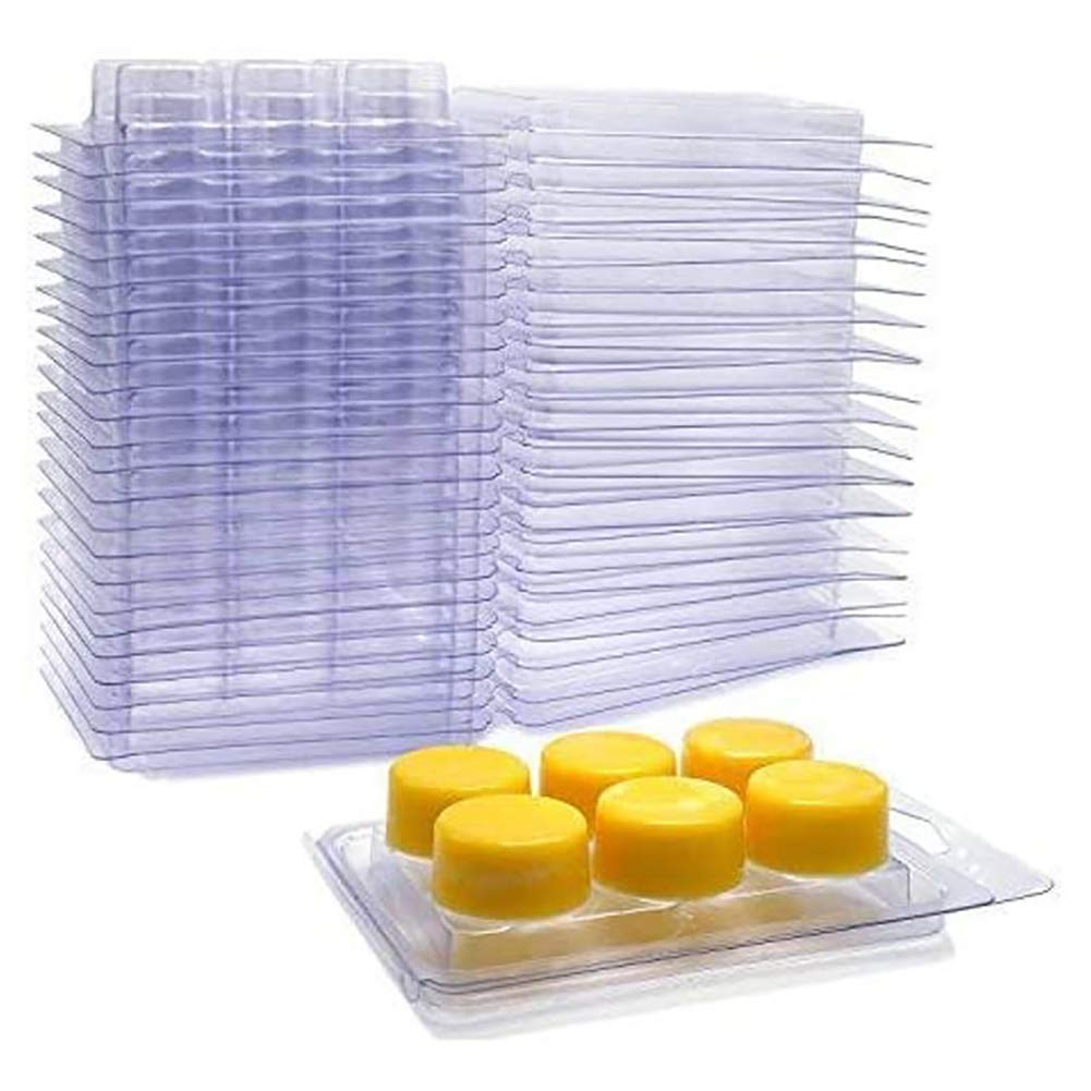 HugeDE 20 Pcs 6 Cavity Clear Plastic Wax Melt Molds Soap Wax Melts Boxes Clamshell Mould Cube Tray for Candle Making Round
