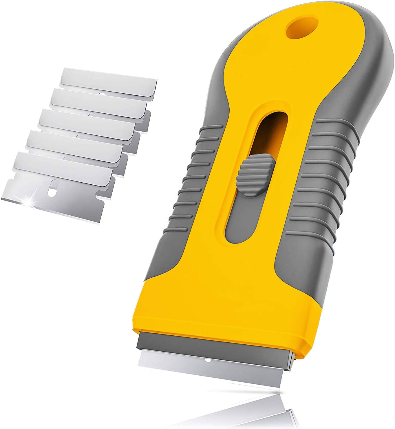 Glass & Ceramic Hob Scraper Cleaner Tool with 5 Spare Replacements for Scraping Labels, Decals, Stickers, Caulk, Paint from Glass, Stovetop & Subfloor