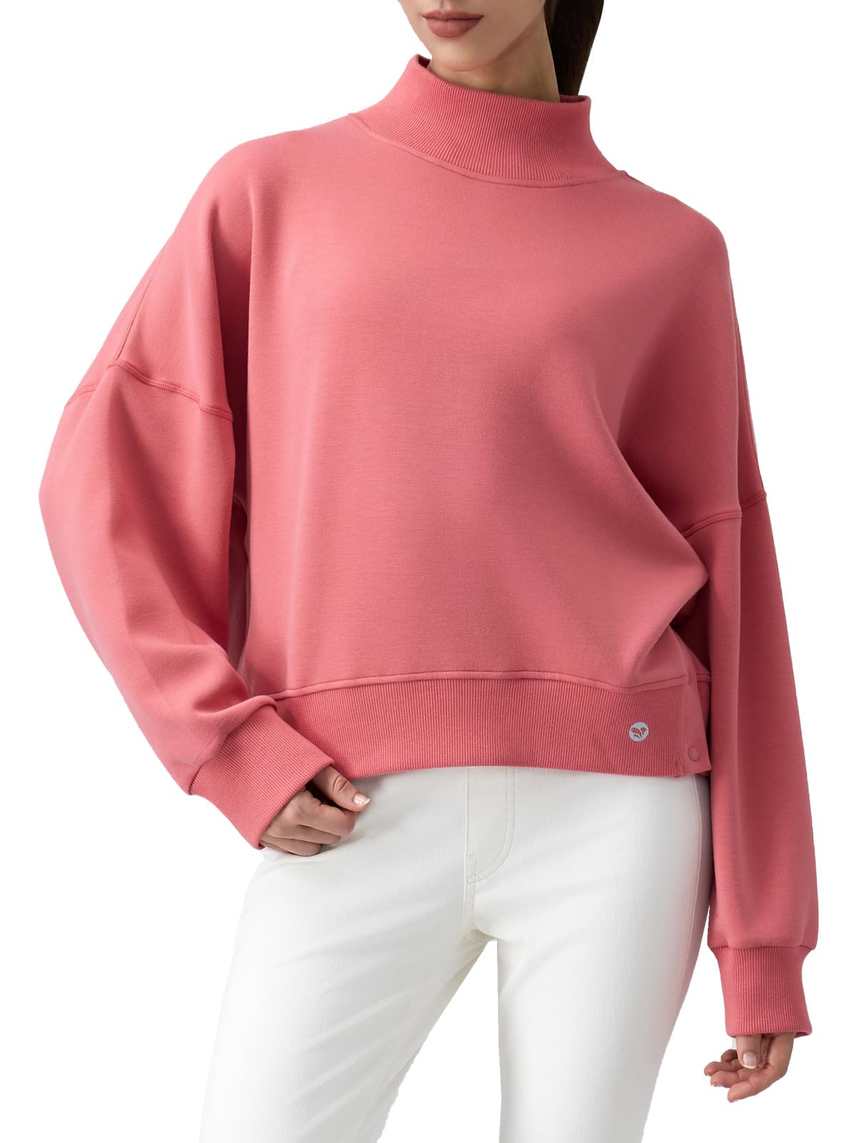 AARYA Women‘s Oversized Mock Neck Cropped Sweatshirt Long Sleeve Pullover | 260gsm Soft Air-Layer Rayon Blend, Great Stretch & Recovery, Dropped Shoulder, Side Slit with Snaps, for Pre & Post Workout