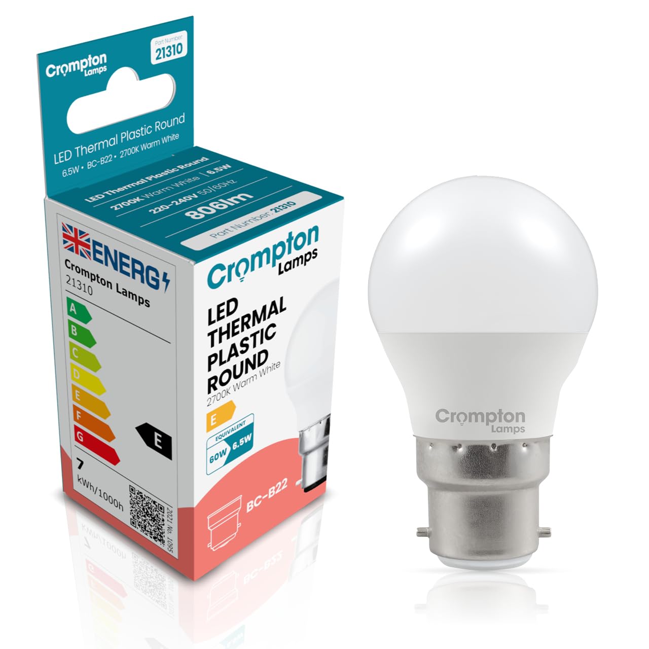 Crompton Lamps Golfball LED B22 Bulb | 6.5W = 60W Equivalent | Warm White 2700K | Energy Efficient | Bayonet Lightbulb | Long Life 15,000-Hrs | Dimmable Bulbs for Lamps