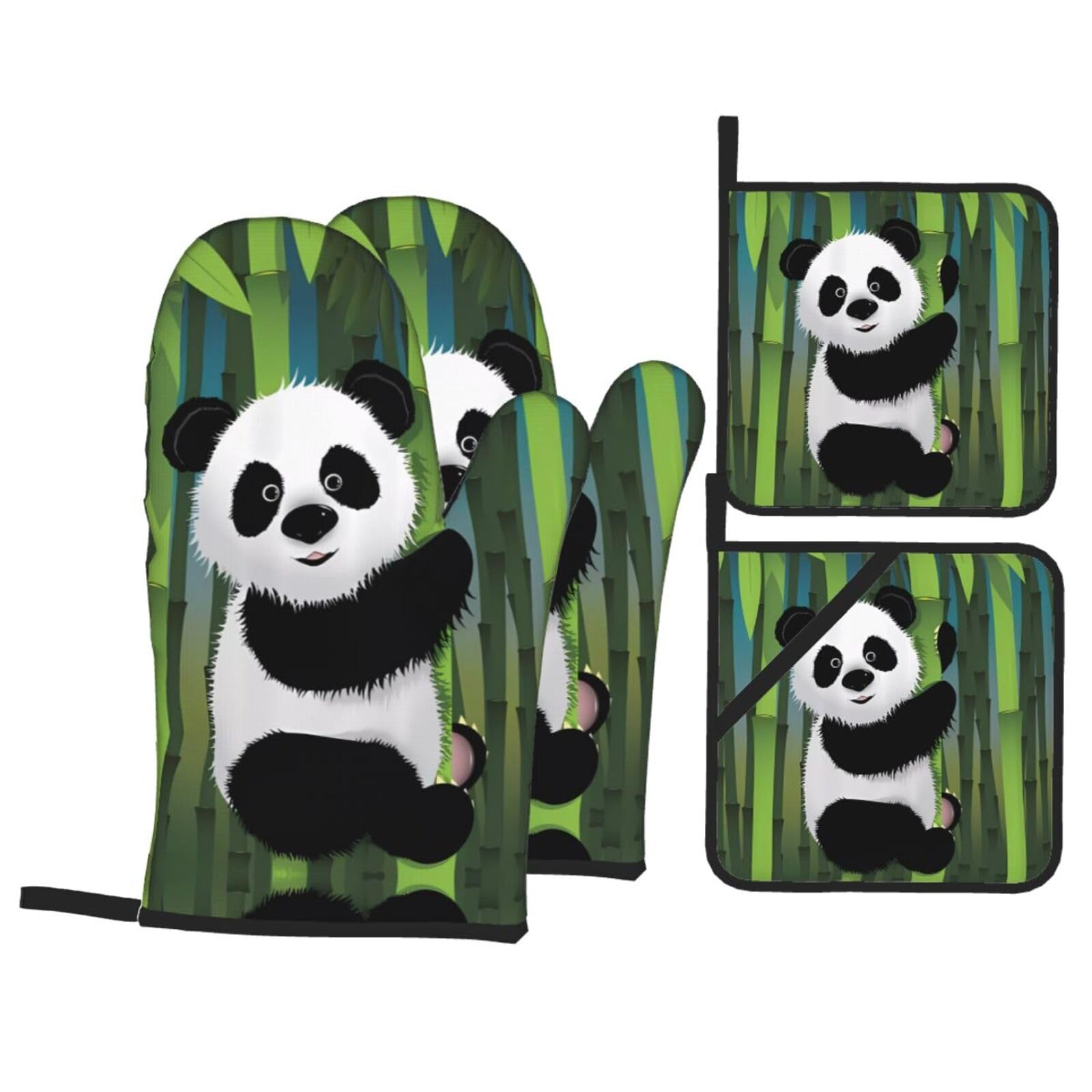 HJFCZH Curious Baby Panda Prints Kitchen Throw Set: Durable Oven Layers with Waterproof Polyester – 4 Piece Heat Protection System