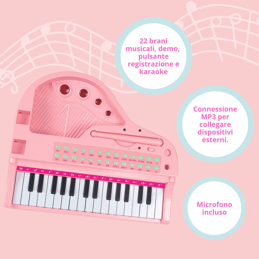 ODS 45005 Barbie, pianoforte a coda con sgabello e tanti accessori, Rosa