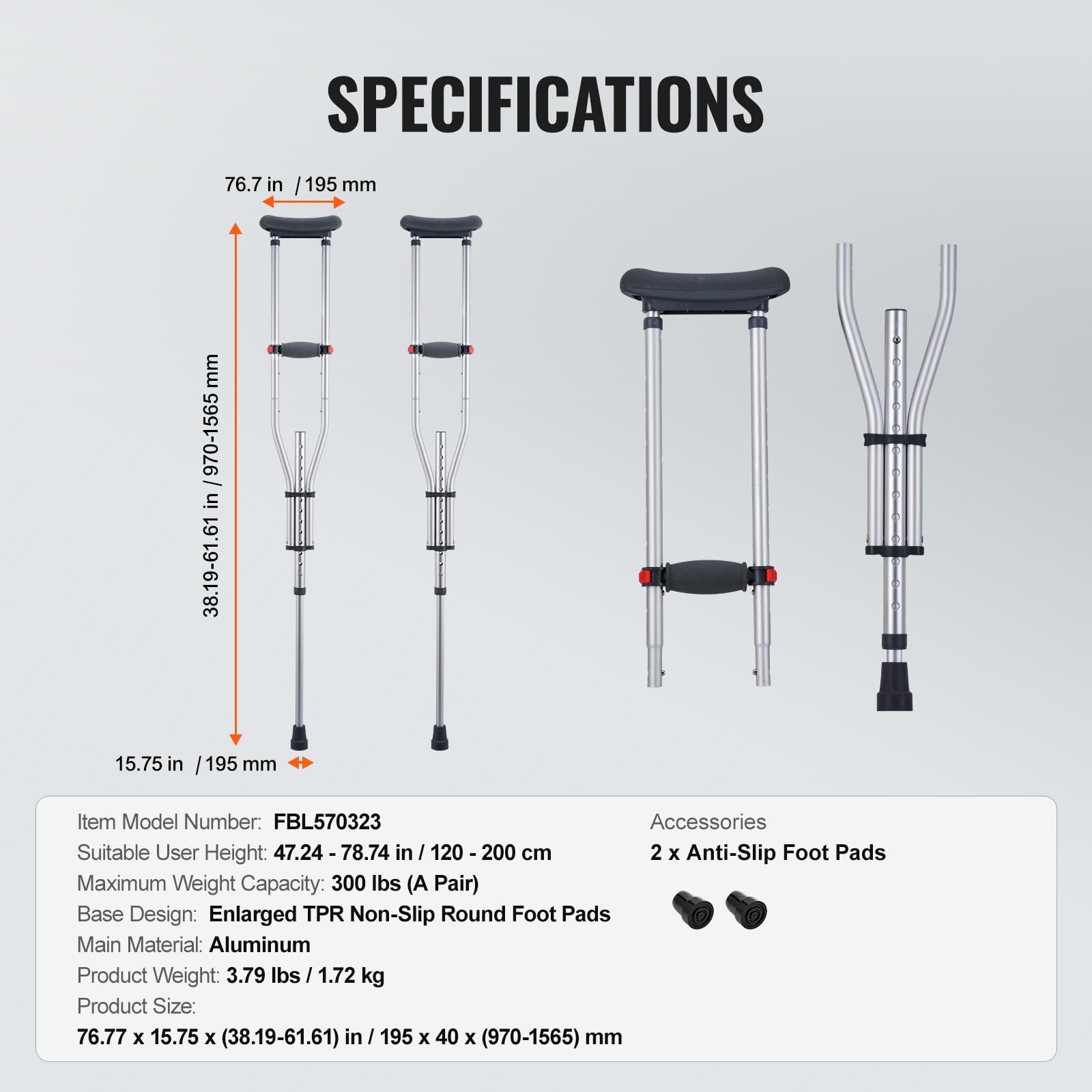 VEVOR Béquilles Axillaires 2PCS, Béquilles de Marche sous Aisselles Bras Réglable en Hauteur 13 Niveaux, en Aluminium, Coussinet Souple, pour Adultes, Adolescents, Chirurgie, Handicap, Blessure Jambe