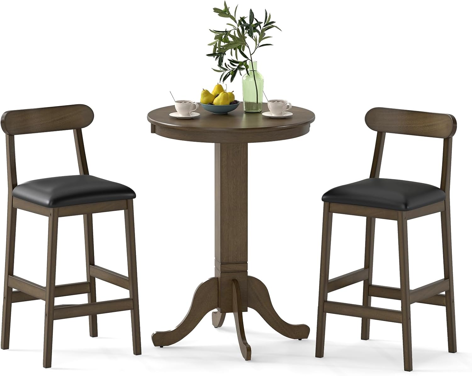 Giantex 3-Pieces Wood Bar Table Set for 2, Round Pub Tables and 2 Dining Chairs with Padded Seat, Pedestal Base, Backrest, Footrest, Farmhouse Dining Table Set for Breakfast Nook, Kitchen, Dinette