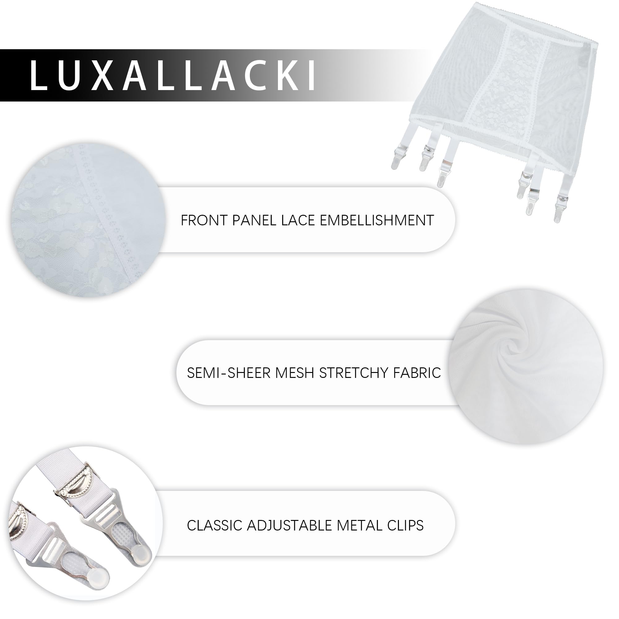 Luxallacki Open Bottom Girdle with 6 Straps Garter Belt Metal Clips Lace Front Panel Stretchy Waist Shaping Underwear: Large White