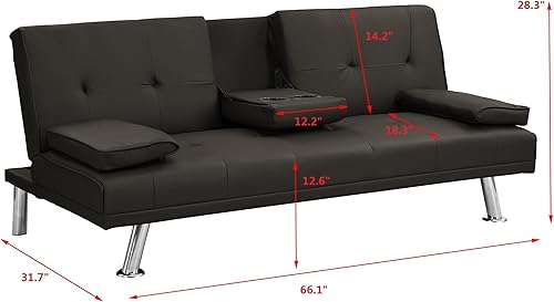 Miniatura 2 de LUMISOL Sofá cama tipo futón plegable convertible con 2 portavasos, sofá cama para sala de estar, sofá biplaza con marco de madera con patas de