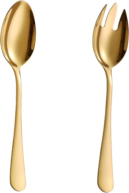 Velaze 2 Piece Gold Salad Spoon Fork Serving Set, Heavy Duty 18/10 Stainless Steel Salad Servers Set, Mirror Polished Design, 9.76 Inchs
