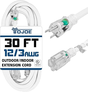 YOJOE Indoor Outdoor Extension Cord with Lighted End, 3 Prong 15A Weatherproof Power Cord, 12 Gauge Heavy Duty 30 ft White Extension Cord for Garage, Garden and Home, 12/3 SJTW UL Listed