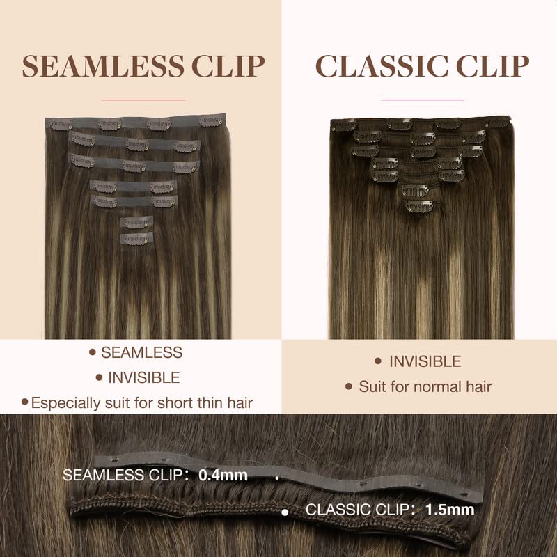 Image of GOO GOO Clip in Hair Extensions Real Human Hair, Remy Human Hair Extensions Clip ins for Women, Natural Human Hair, 22inch 110g 7Pcs, 4 /26 /4 Balayage Chocolate Brown to Honey Blonde