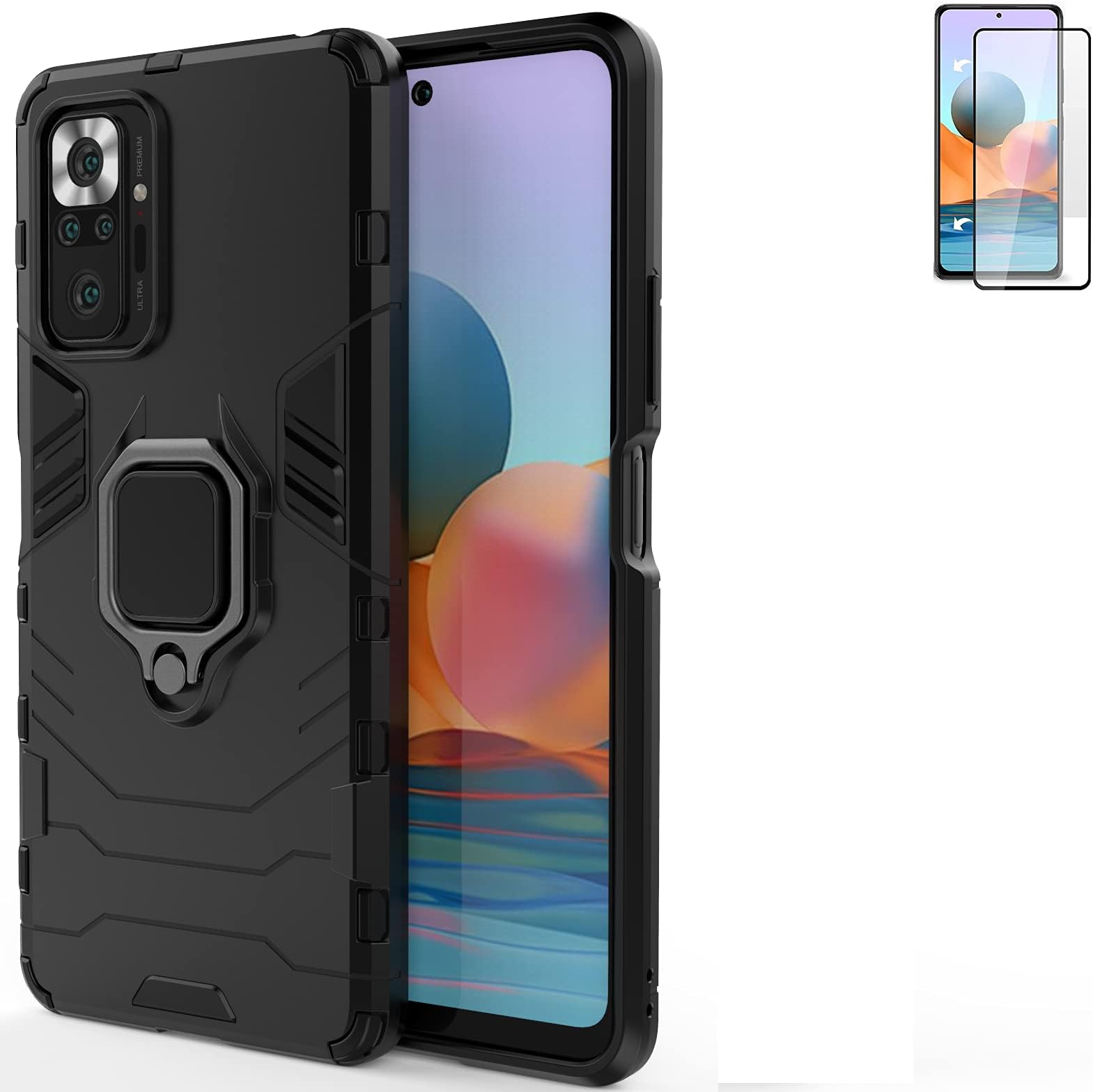 for Xiaomi Redmi Note 10 Pro Case with Glass Screen Protector,Hybrid Heavy Duty Shockproof Armor Dual Layer Protection Defender Back Case Cover for Redmi Note 10 Pro Max with mount Kickstand (Black)