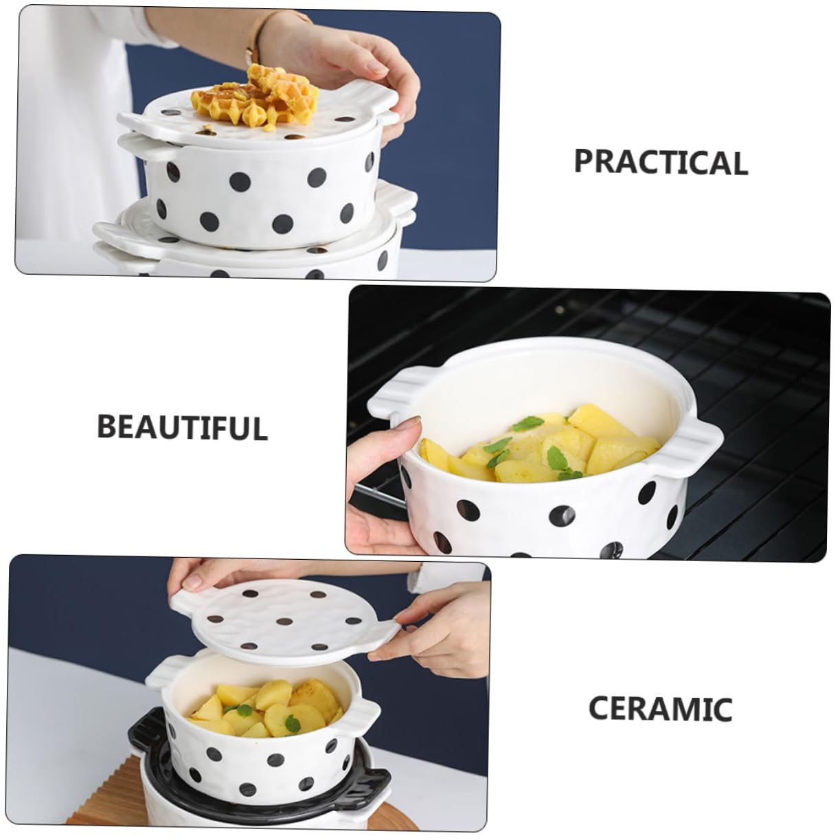 Bol de Hornear de Cerámica para Postres para Ensaladas Desayunos Resistente Altas de Puntos Negros para Cocinas