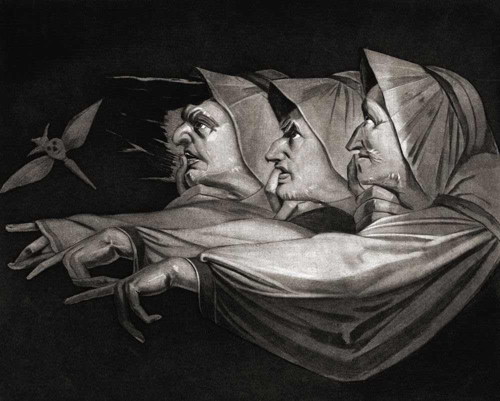 Czarownice Makbeta. Po XIX-wiecznym druku szwajcarskiego artysty Henry'ego Fuseli ilustrującego akt I scenę Makbeta autorstwa Williama Szekspira. Plakat wydruk Kena Welsha (15 x 12)