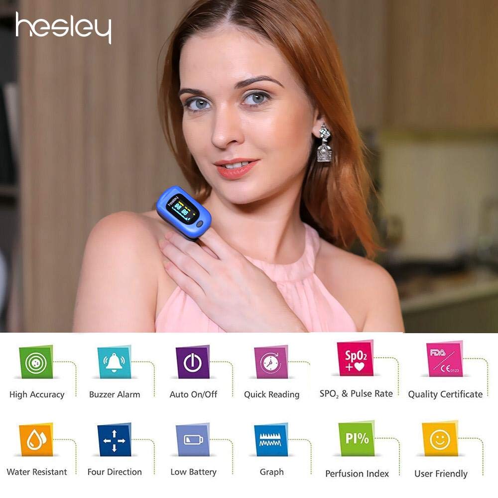 HesleyPulse Oximeter (SpO2) Blood Oxygen Saturation Monitor with Pulse Rate Measurements and Pulse Bar Graph. OLED Display, Blue 1