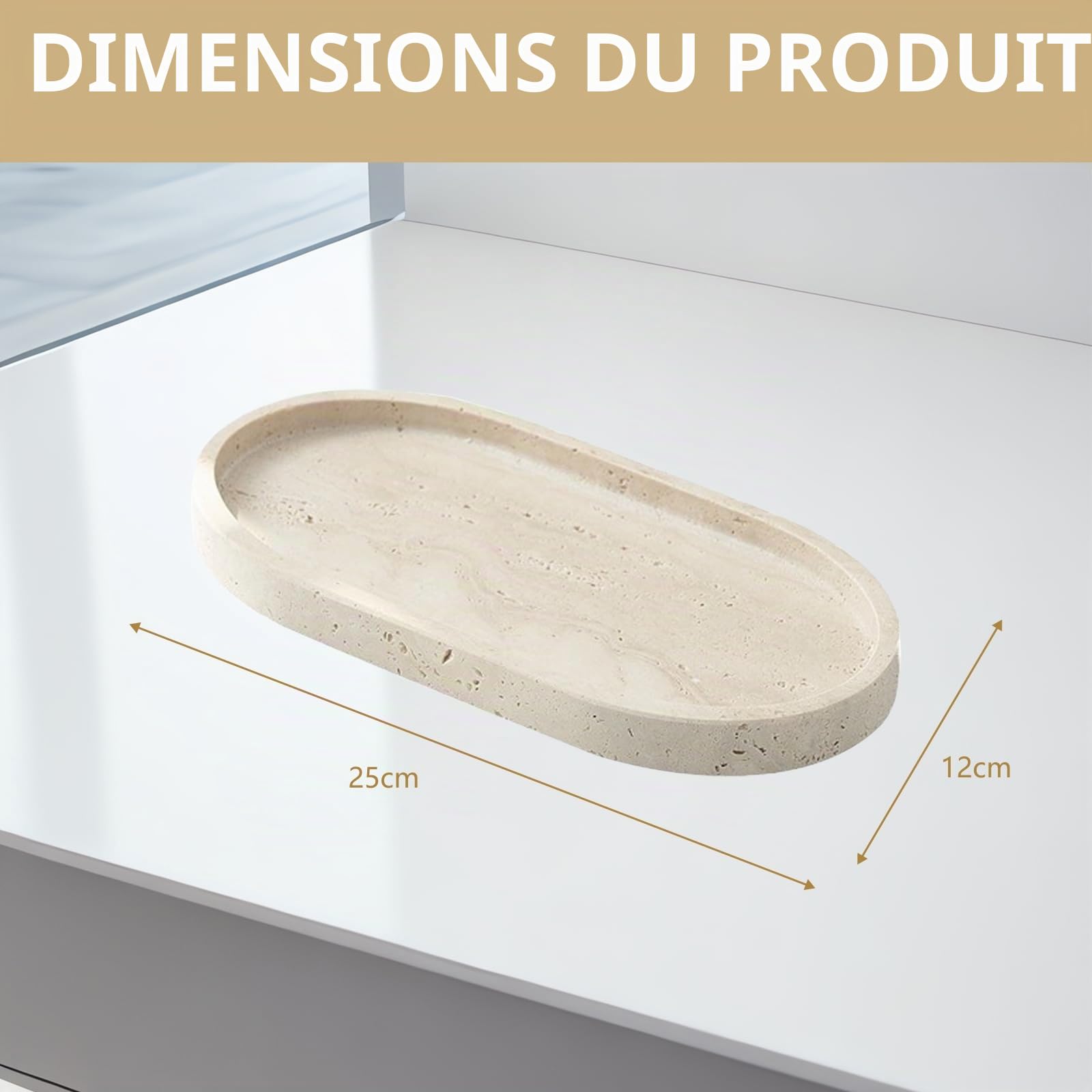 Plateau, Plateau Ovale de Salle de Bain en Travertin Naturel Plateaux Decoratif Beige à Bord Surélevé Plateaux à Bijoux 25 x 12 cm pour Cosmétiques Produits de Soin Bijoux Parfums et Bougies