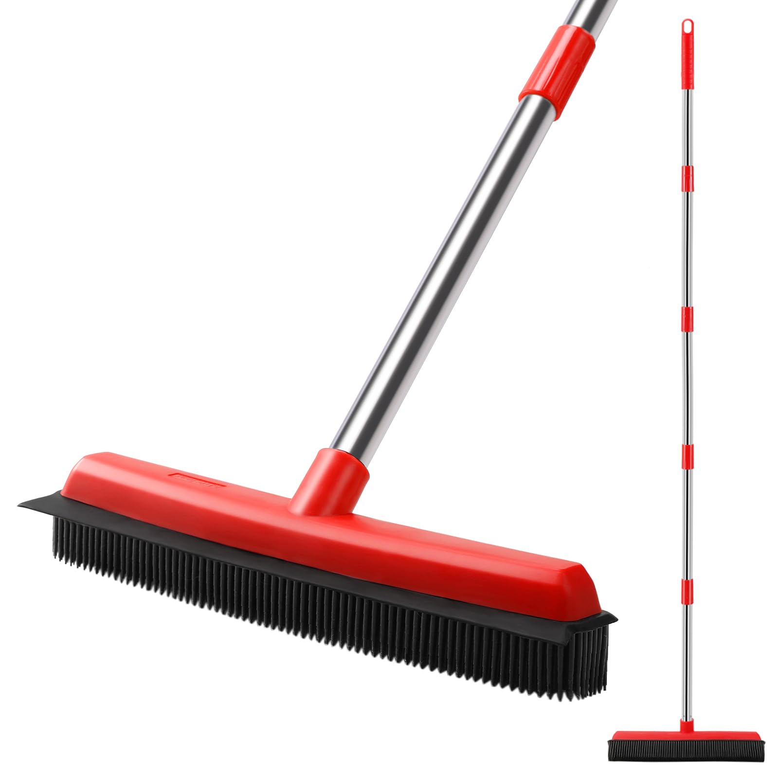 Rubber Broom with Long Handle(60IN), Indoor Floor Brush with Built in Squeegee(13IN), 2 in 1 Carpet Sweeper, Pet Cat Dog Hair Remover from Flooring Rug, Soft Broom Indoor