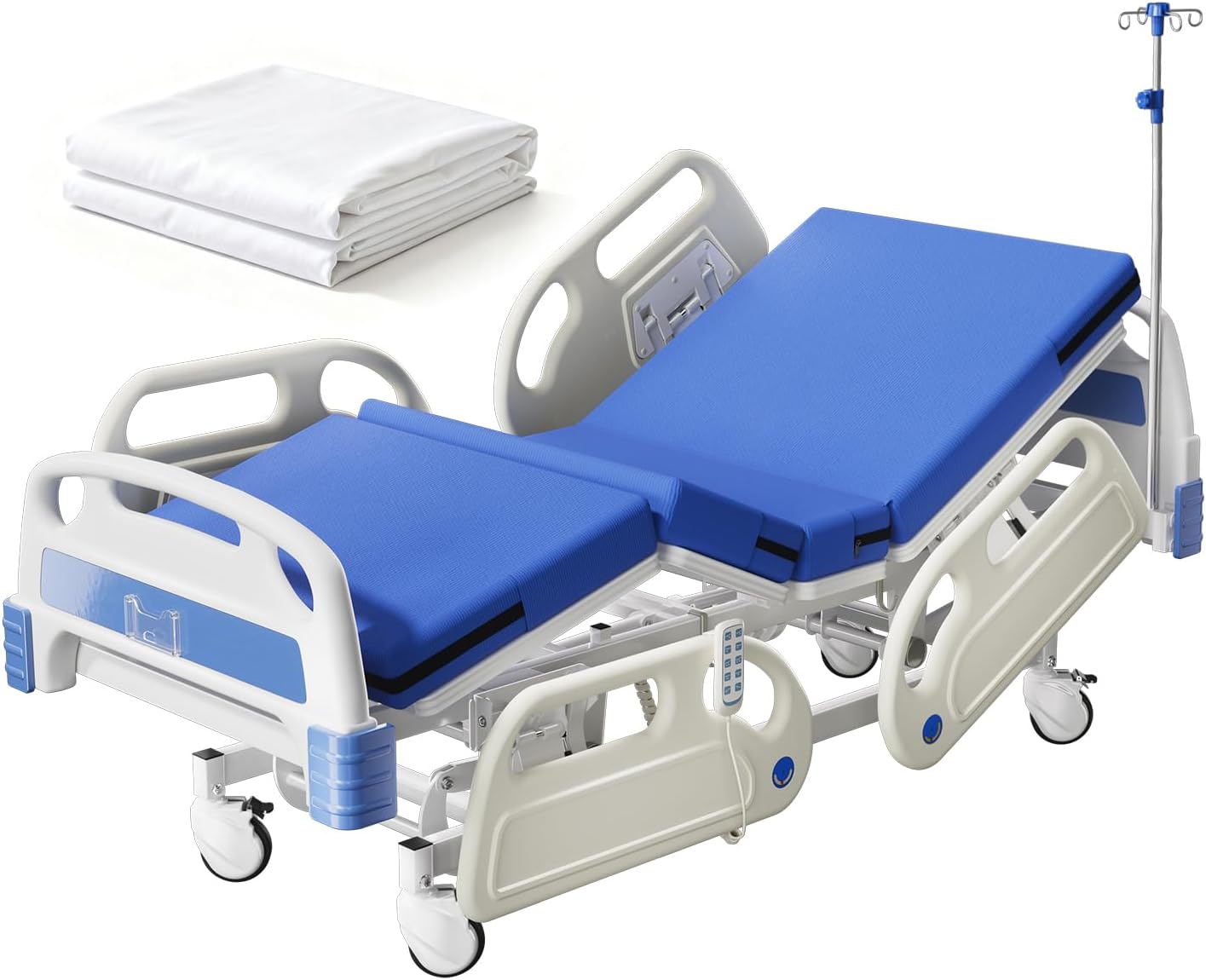 5 Function 600LBS Full Electric Hospital Bed, Beds for Home Use, Medical Bed for Seniors with Mattress, Adjustable Hospital, Frame, Medical Equipment, Special Needs Beds, IV Pole,